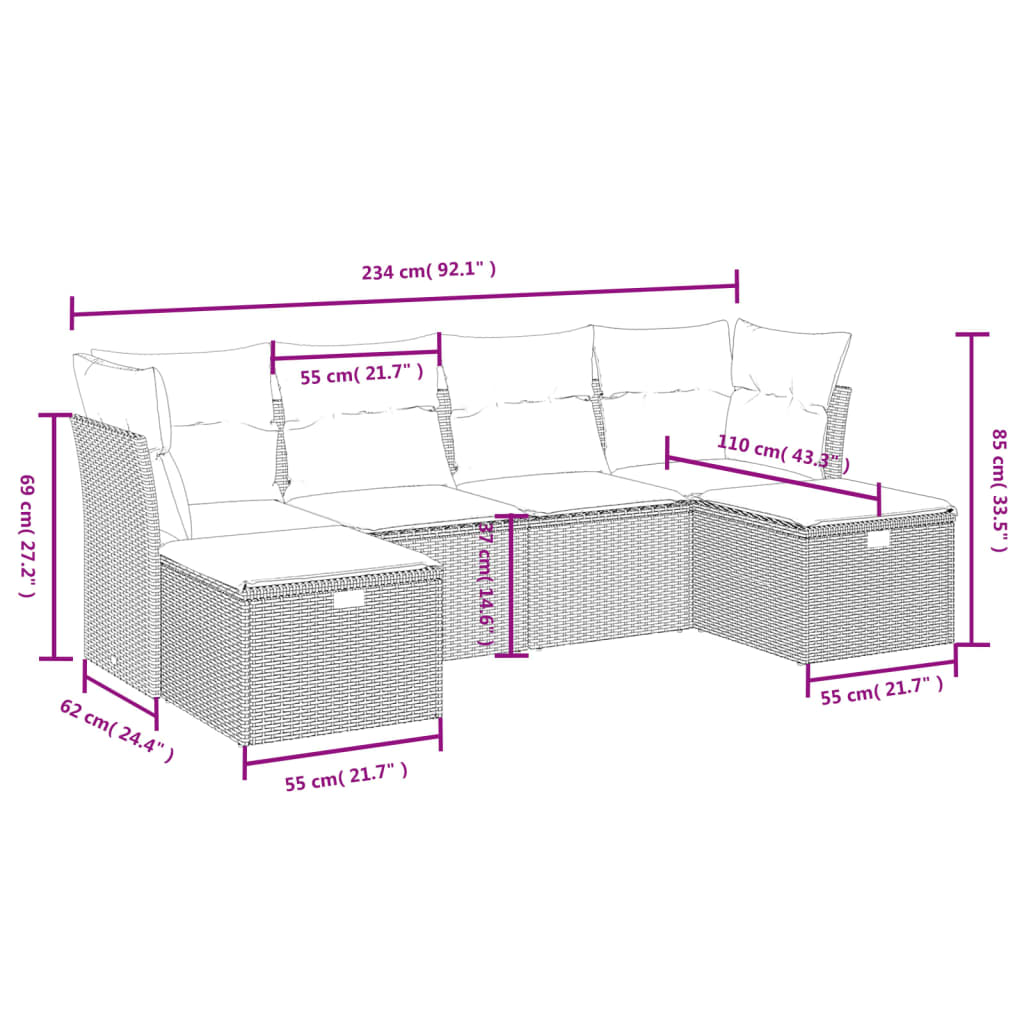 vidaXL Set Divano da Giardino 6 pz con Cuscini Grigio in Polyrattan