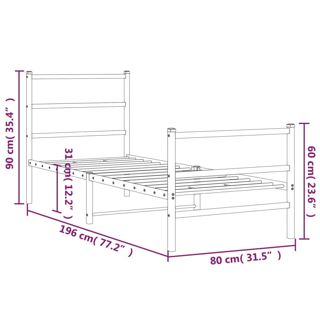 vidaXL Giroletto con Testiera e Pediera Metallo Nero 75x190 cm