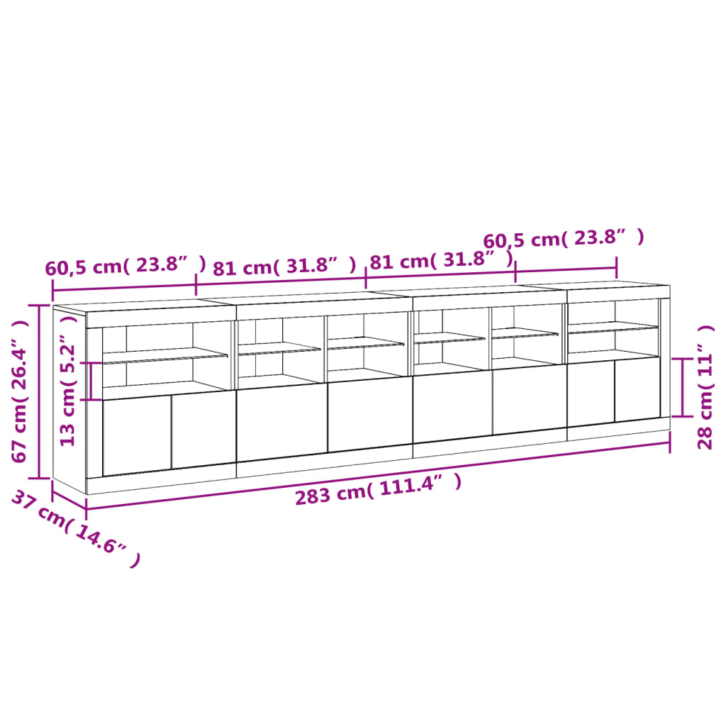 vidaXL Credenza con Luci LED Bianca 283x37x67 cm