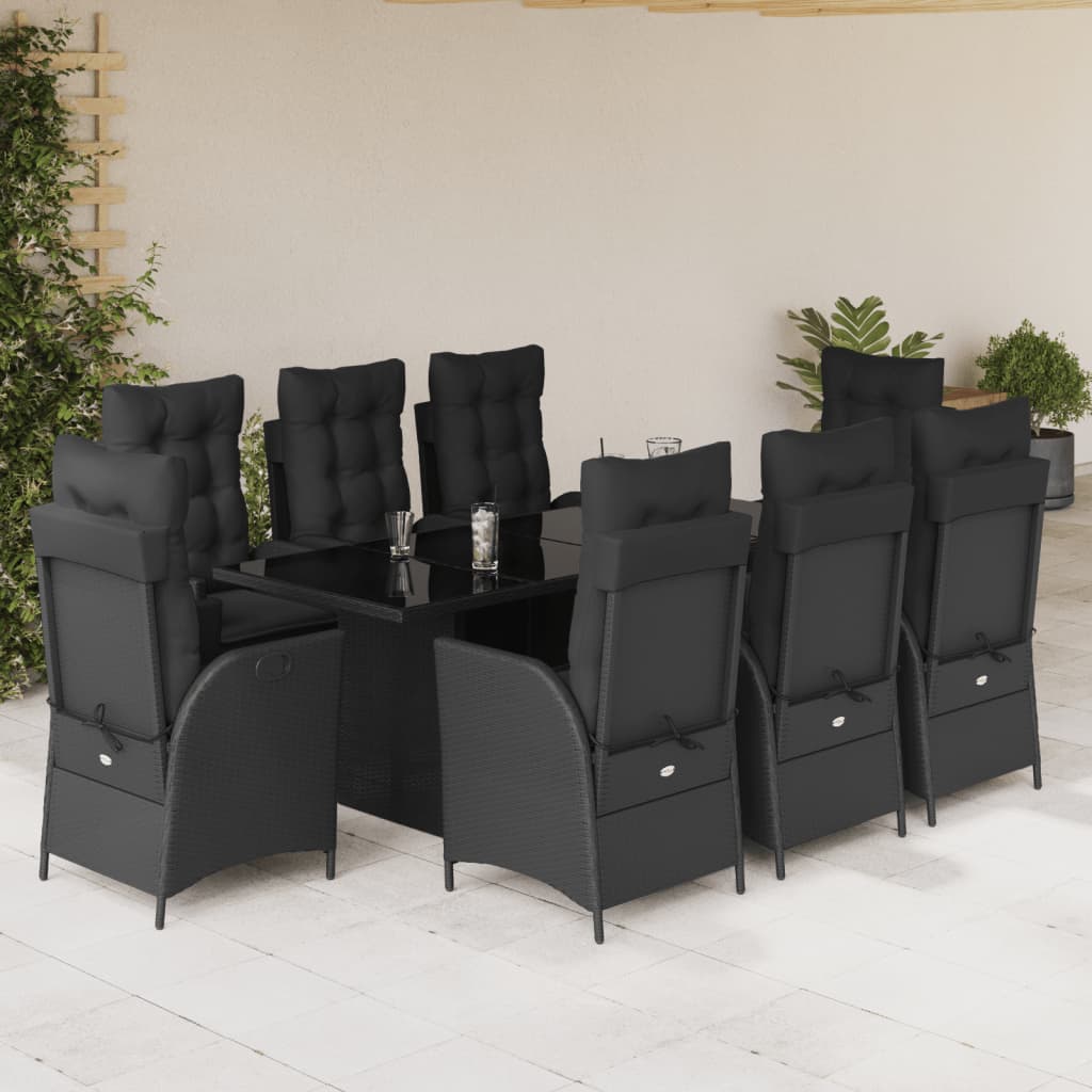 vidaXL Set da Pranzo da Giardino 9 pz con Cuscini Nero in Polyrattan