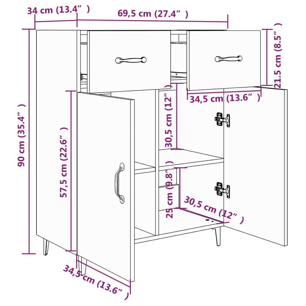 vidaXL Credenza Grigio Cemento 69,5x34x90 cm in Legno Multistrato