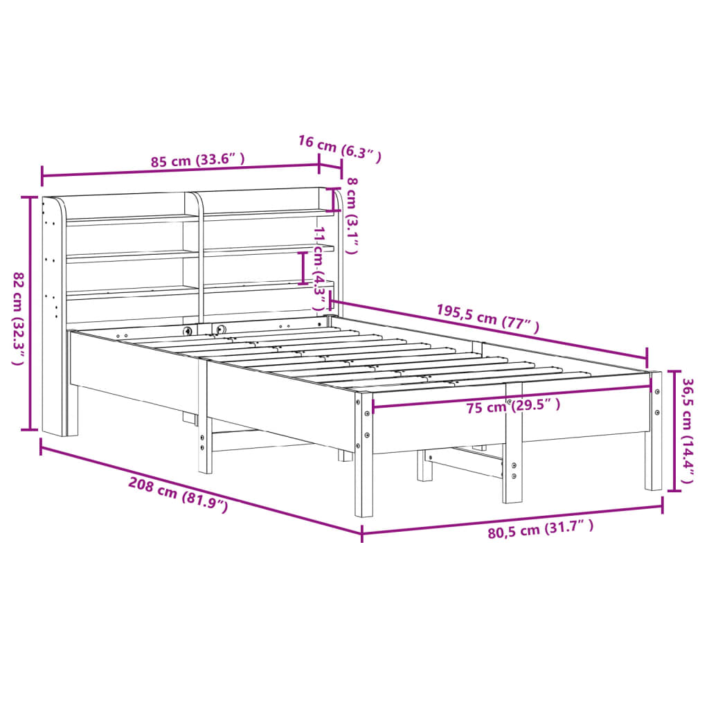 vidaXL Letto senza Materasso Bianco 75x190 in Legno Massello di Pino