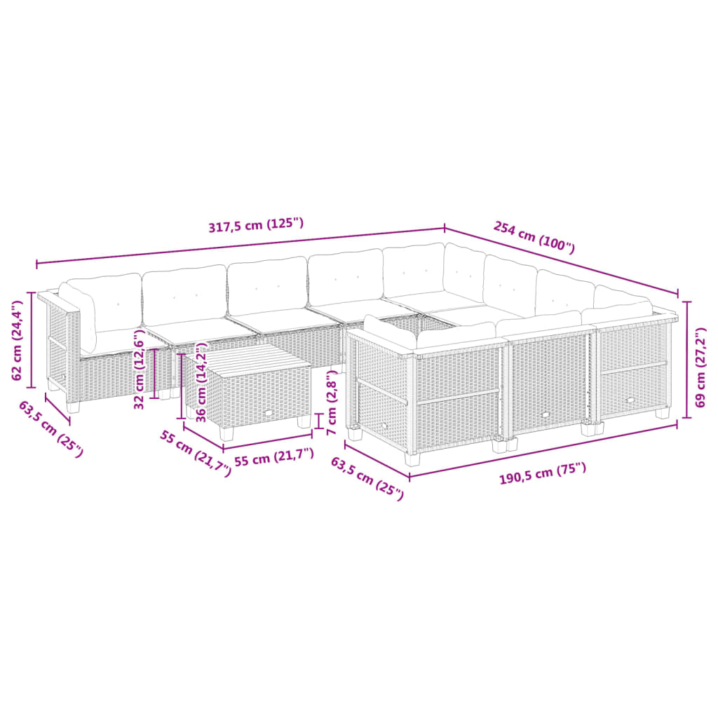 vidaXL Set Divani da Giardino 11 pz con Cuscini in Polyrattan Grigio