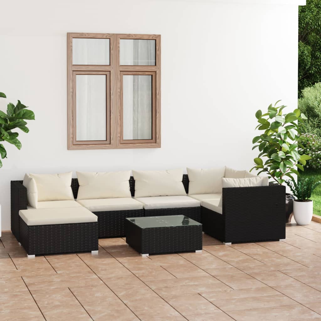 vidaXL Set Divani da Giardino 7 pz con Cuscini in Polyrattan Nero