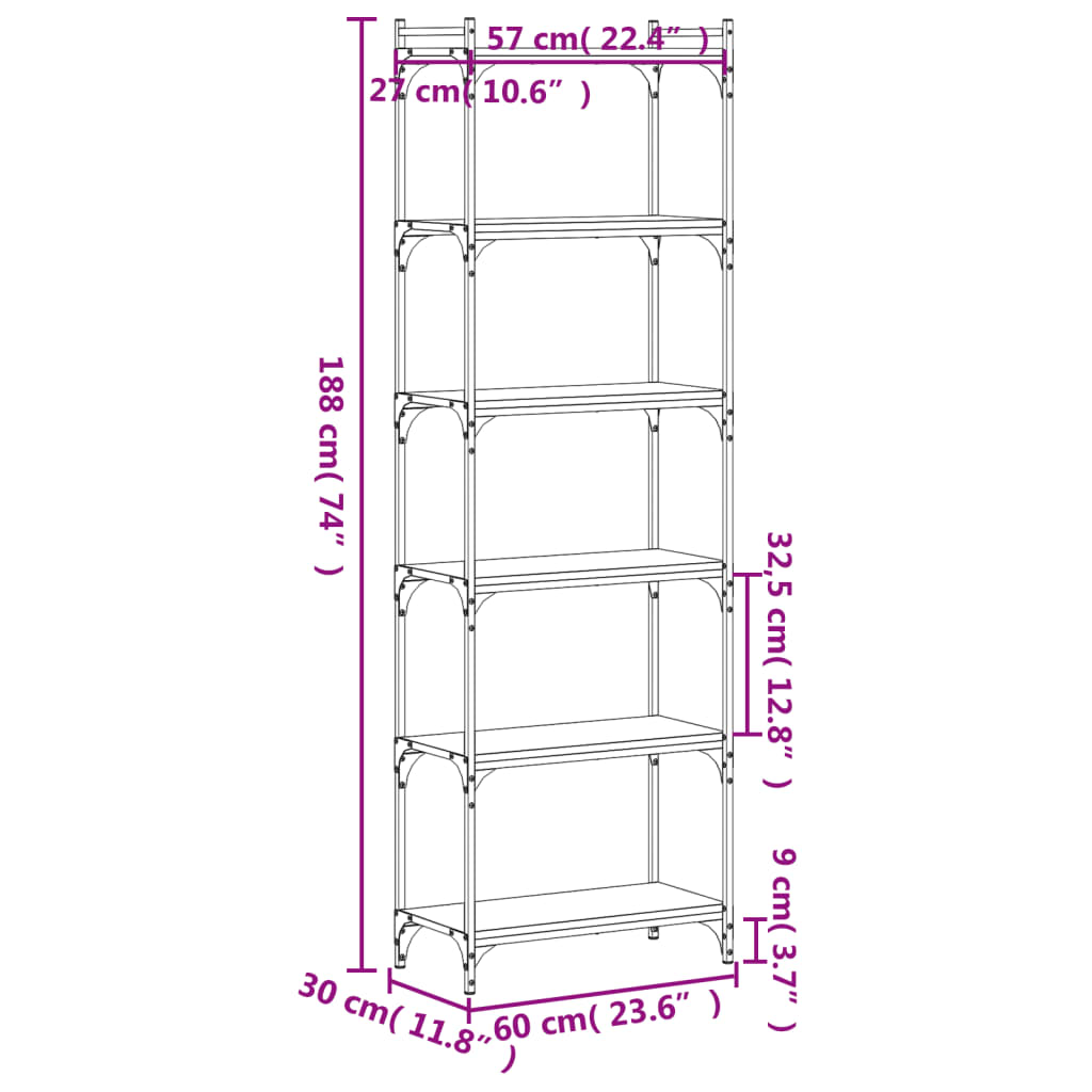 vidaXL Libreria a 6 Ripiani Nera 60x30x188 cm in Legno Multistrato