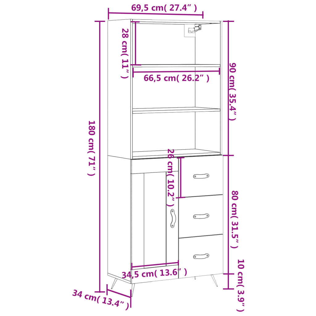 vidaXL Credenza Bianca 69,5x34x180 cm in Legno Multistrato