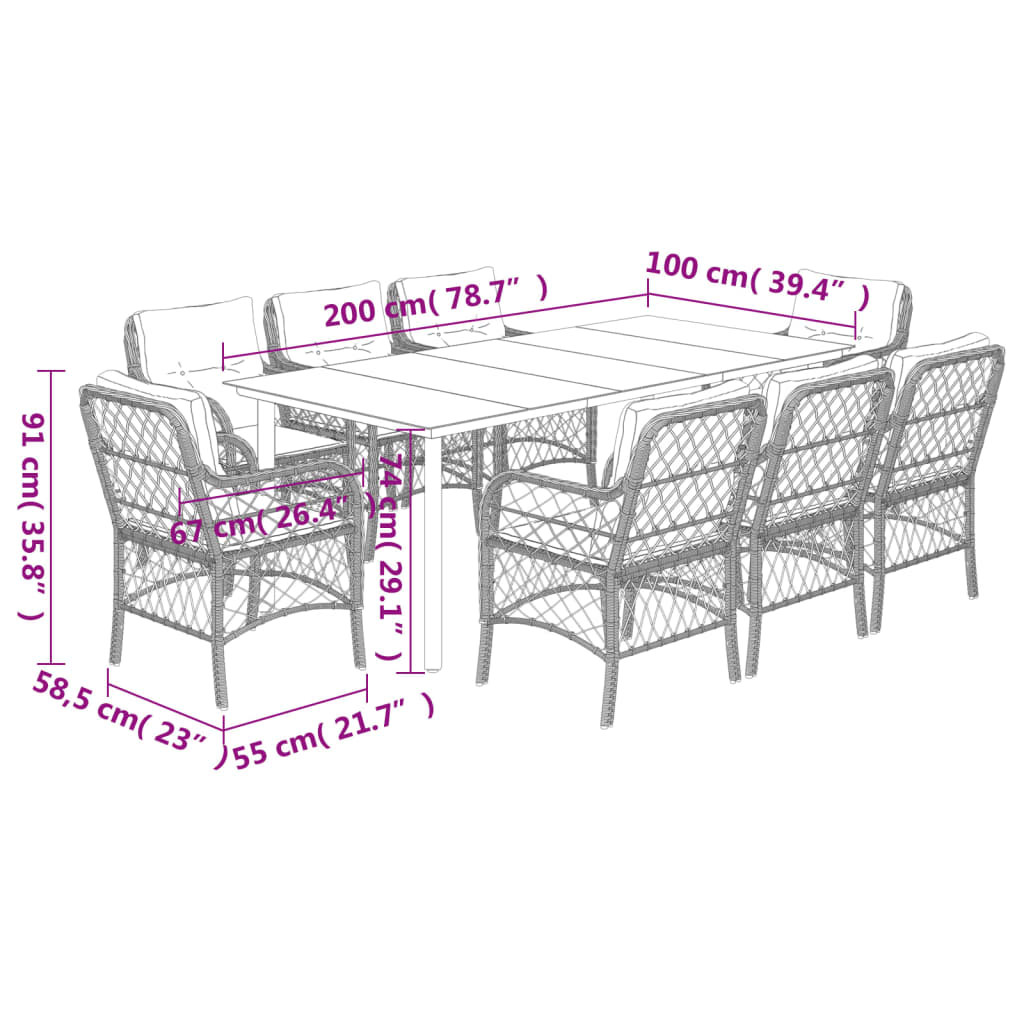 vidaXL Set da Pranzo da Giardino 9 pz con Cuscini Nero in Polyrattan