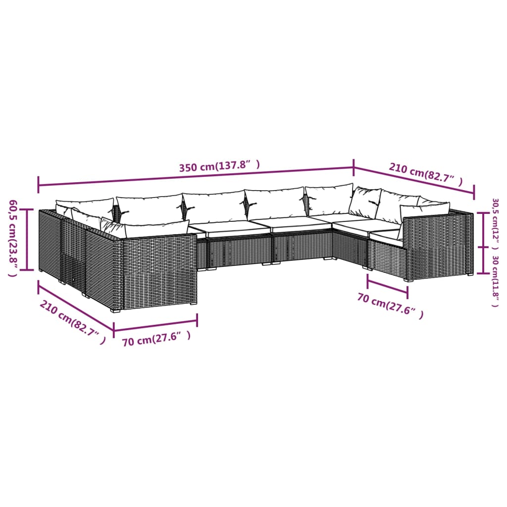 vidaXL Set Divani da Giardino 9 pz con Cuscini in Polyrattan Grigio