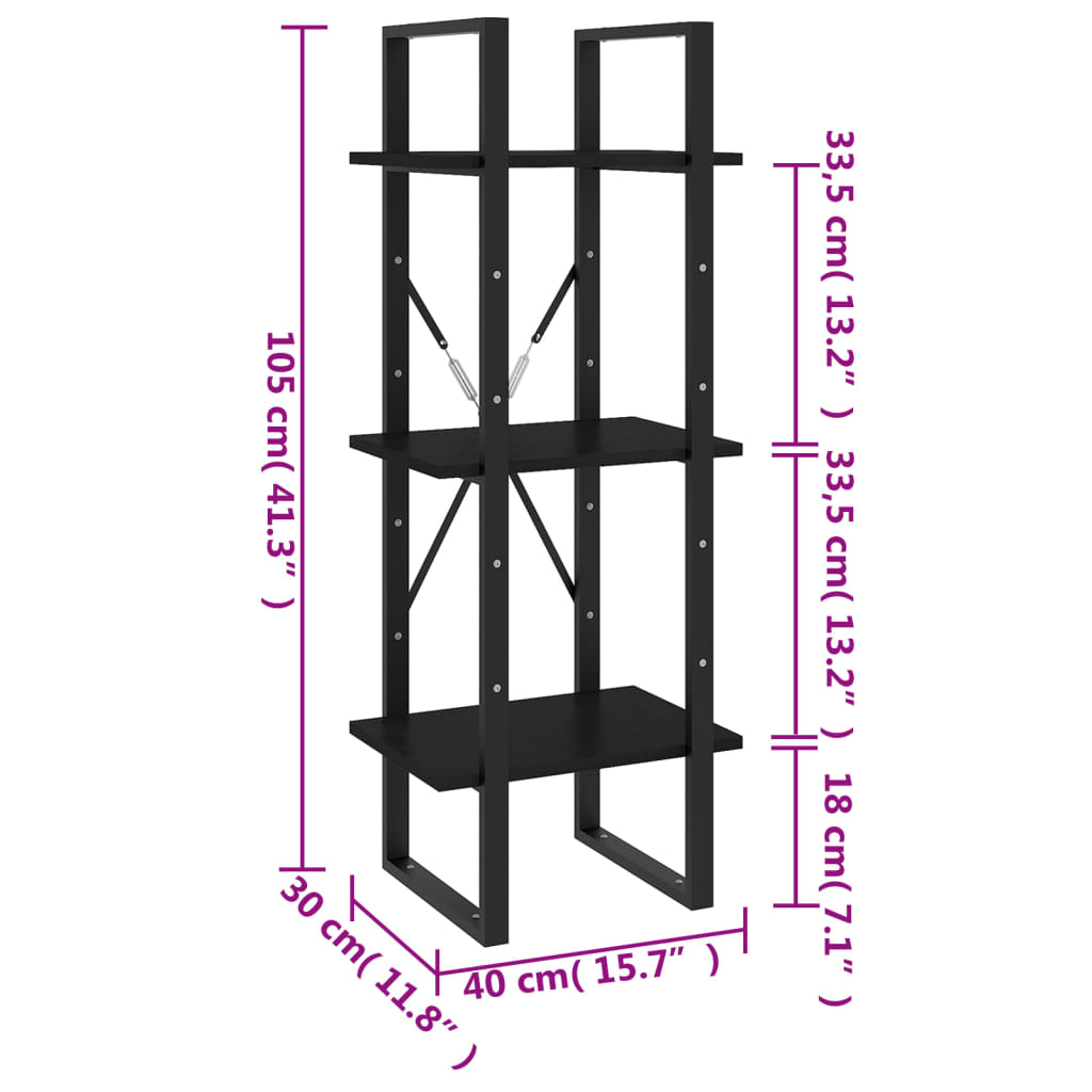 vidaXL Libreria a 3 Ripiani Nera 40x30x105 cm Legno Massello di Pino