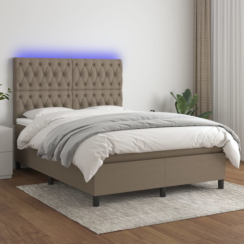 vidaXL Letto a Molle con Materasso e LED Tortora 140x200 cm in Tessuto