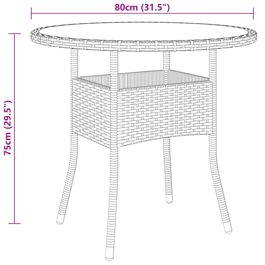 vidaXL Tavolo Giardino Ø80x75 cm Vetro Temperato e Polyrattan Marrone