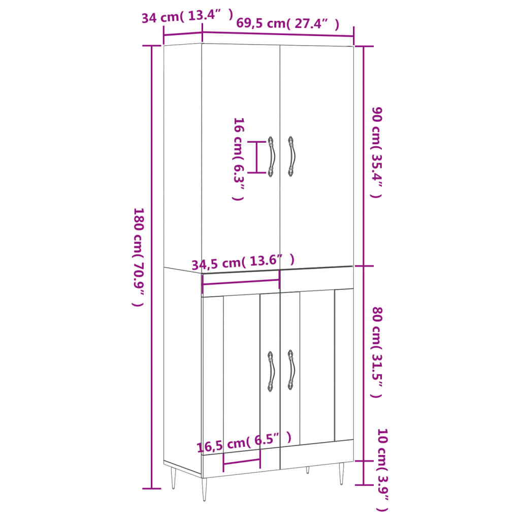 vidaXL Credenza Bianco Lucido 69,5x34x180 cm in Legno Multistrato