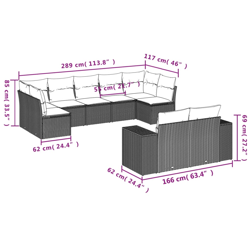 vidaXL Set Divano da Giardino 9 pz con Cuscini Grigio in Polyrattan