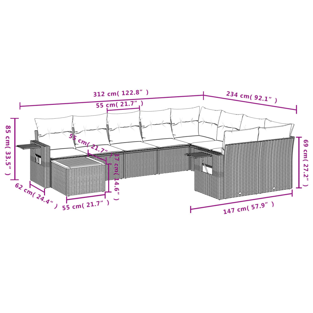 vidaXL Set Divani da Giardino 10pz con Cuscini in Polyrattan Nero