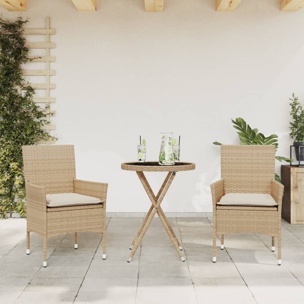 vidaXL Set da Bistrò 3 pz con Cuscini Beige Polyrattan e Vetro