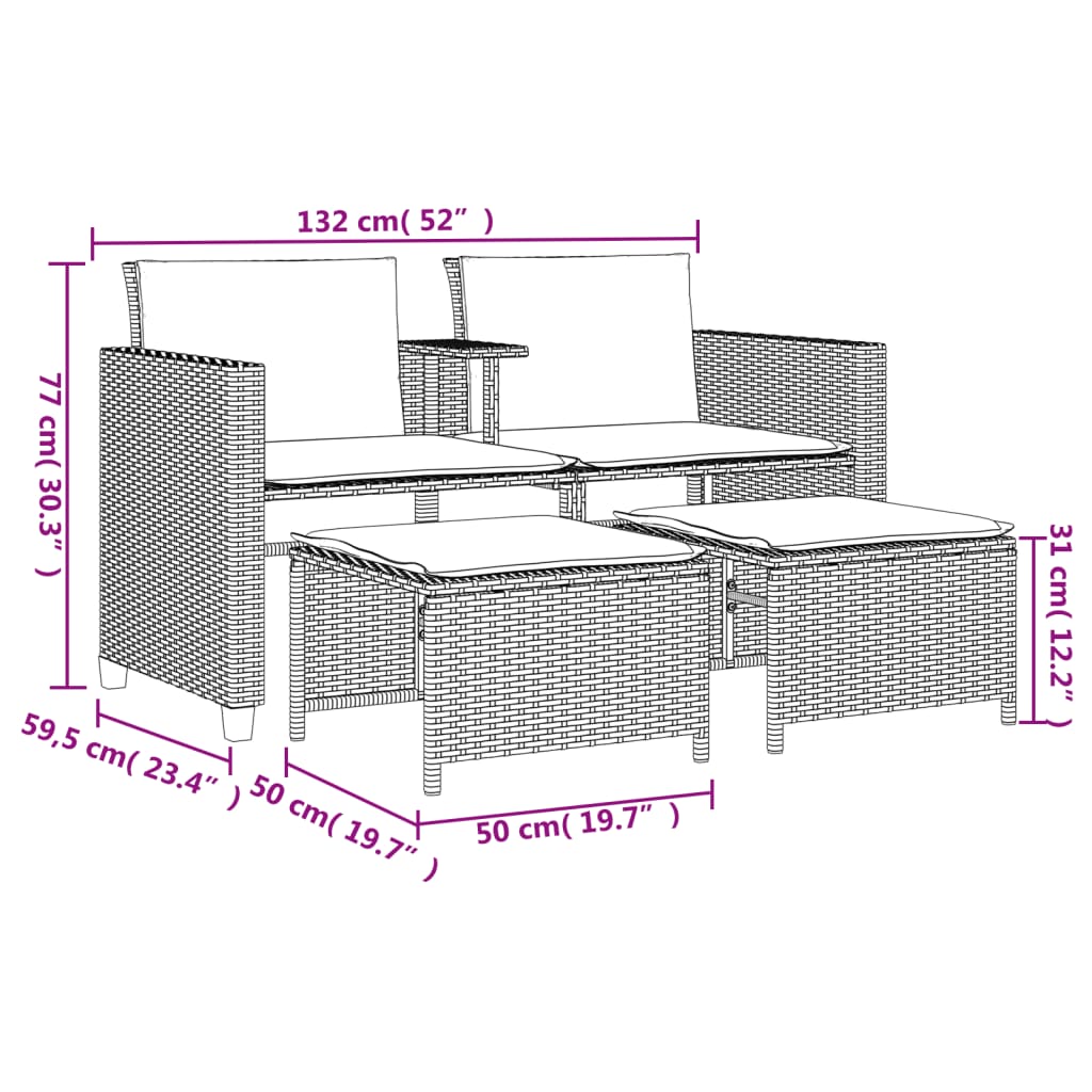 vidaXL Divano Giardino 2Posti Tavolo Sgabelli Grigio Chiaro Polyrattan