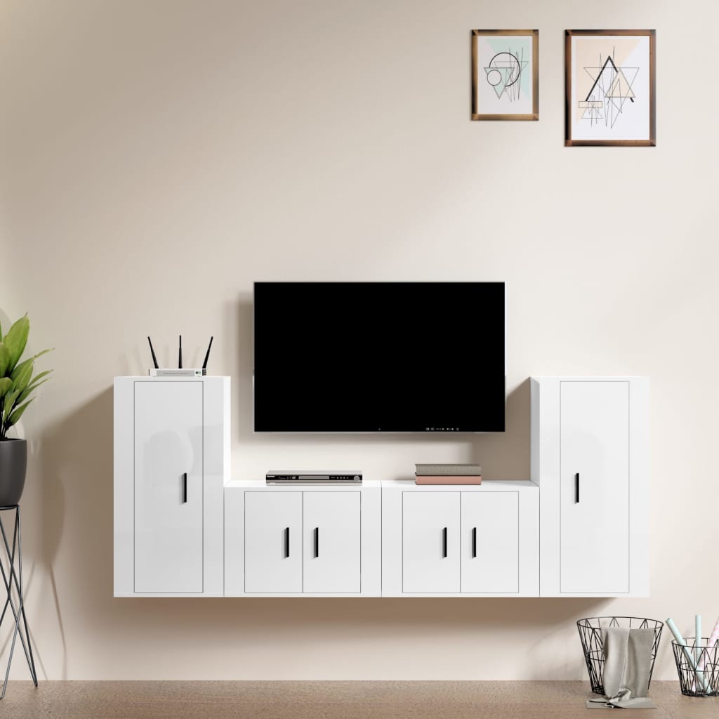 vidaXL Set di Mobili Porta TV 4 pz Bianco Lucido in Legno Multistrato