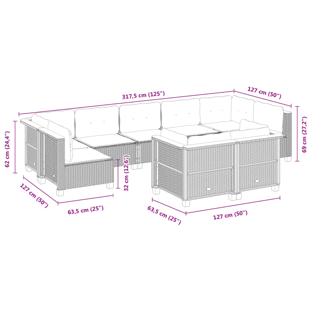 vidaXL Set Divano da Giardino 9 pz con Cuscini Grigio in Polyrattan