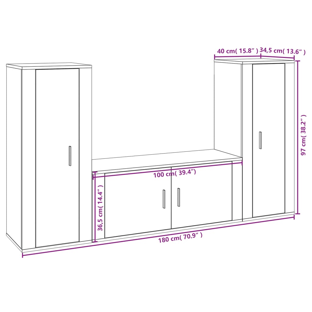 vidaXL Set Mobili Porta TV 3 pz Rovere Fumo in Legno Multistrato