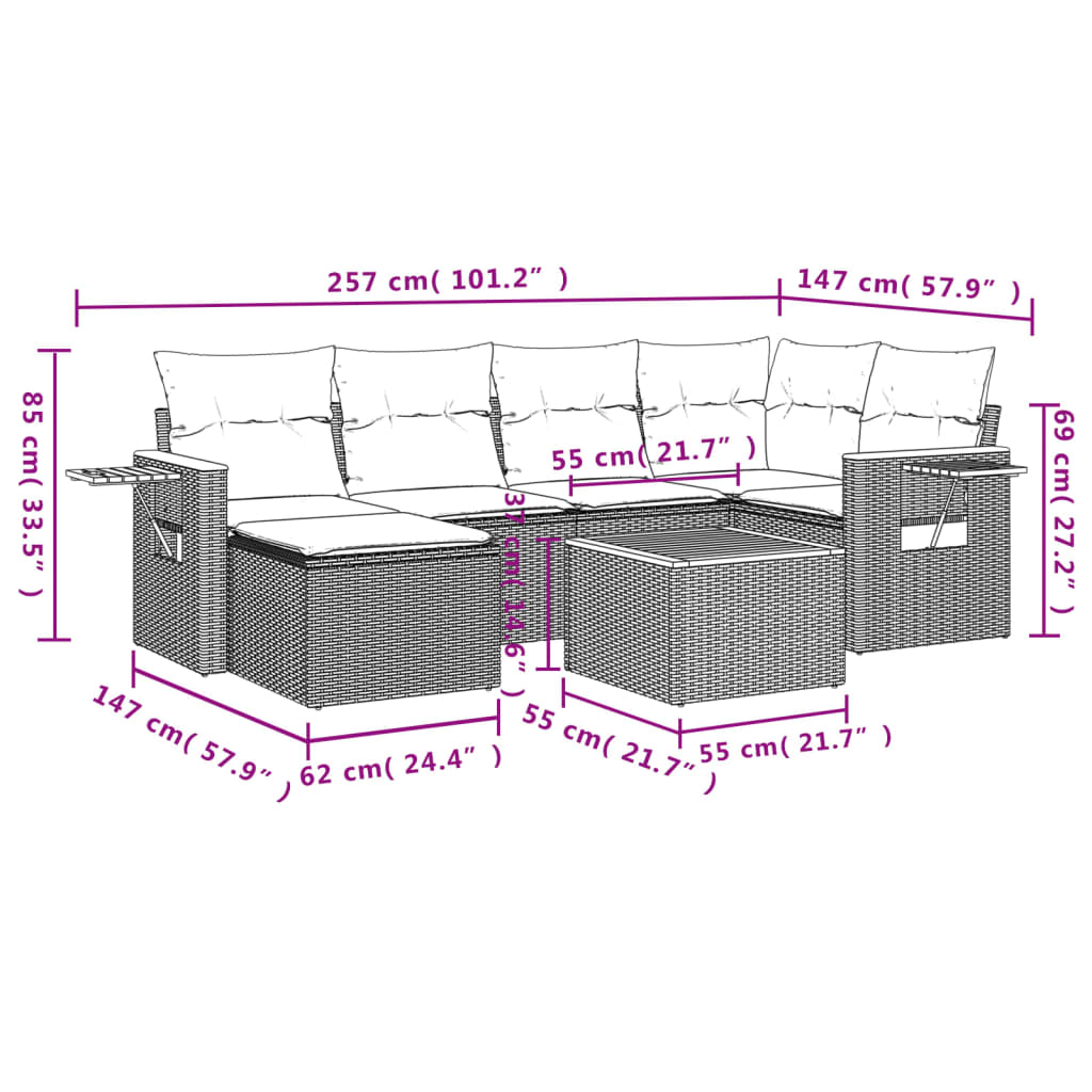 vidaXL Set Divani da Giardino 7 pz con Cuscini Beige in Polyrattan