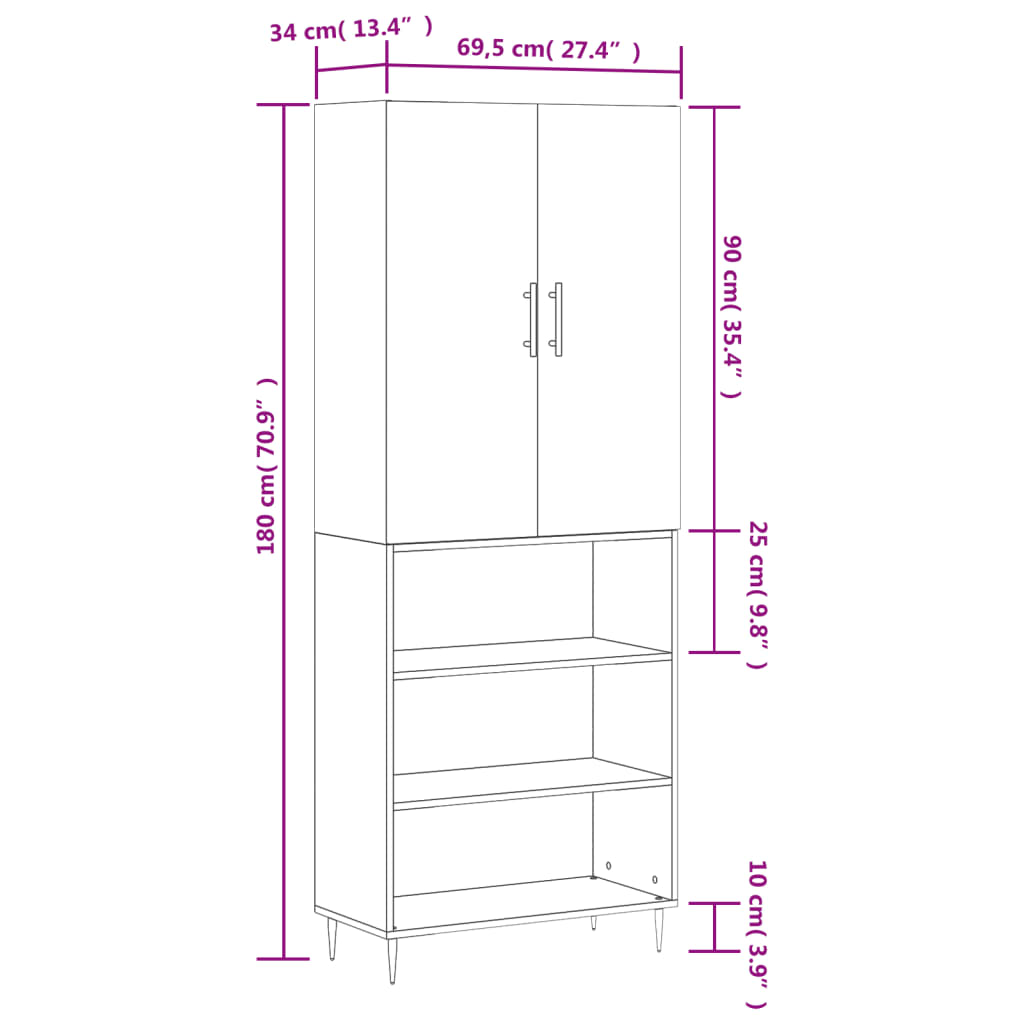 vidaXL Credenza Grigio Sonoma 69,5x34x180 cm in Legno Multistrato