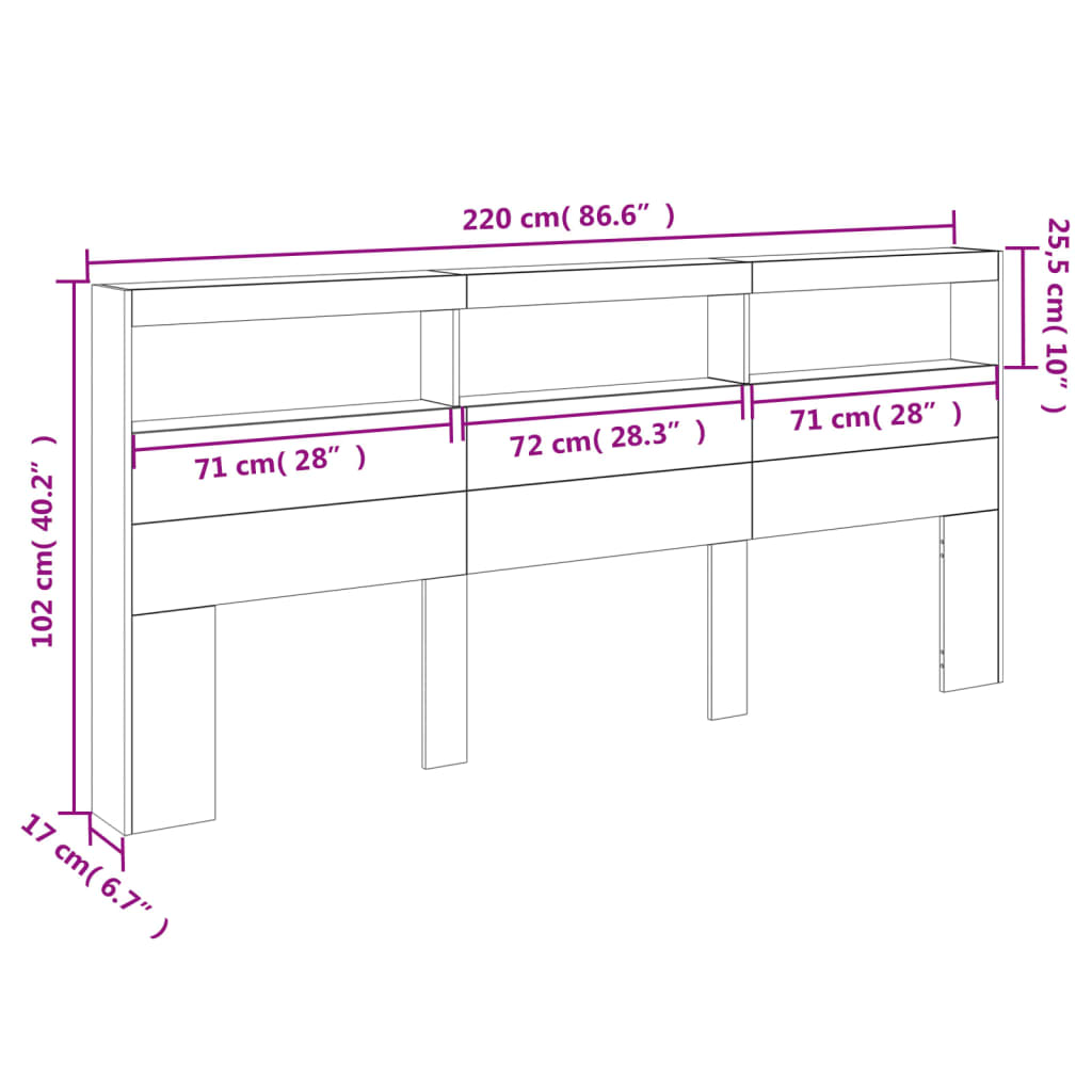 vidaXL Testiera con Contenitore a LED Grigio Cemento 220x17x102 cm