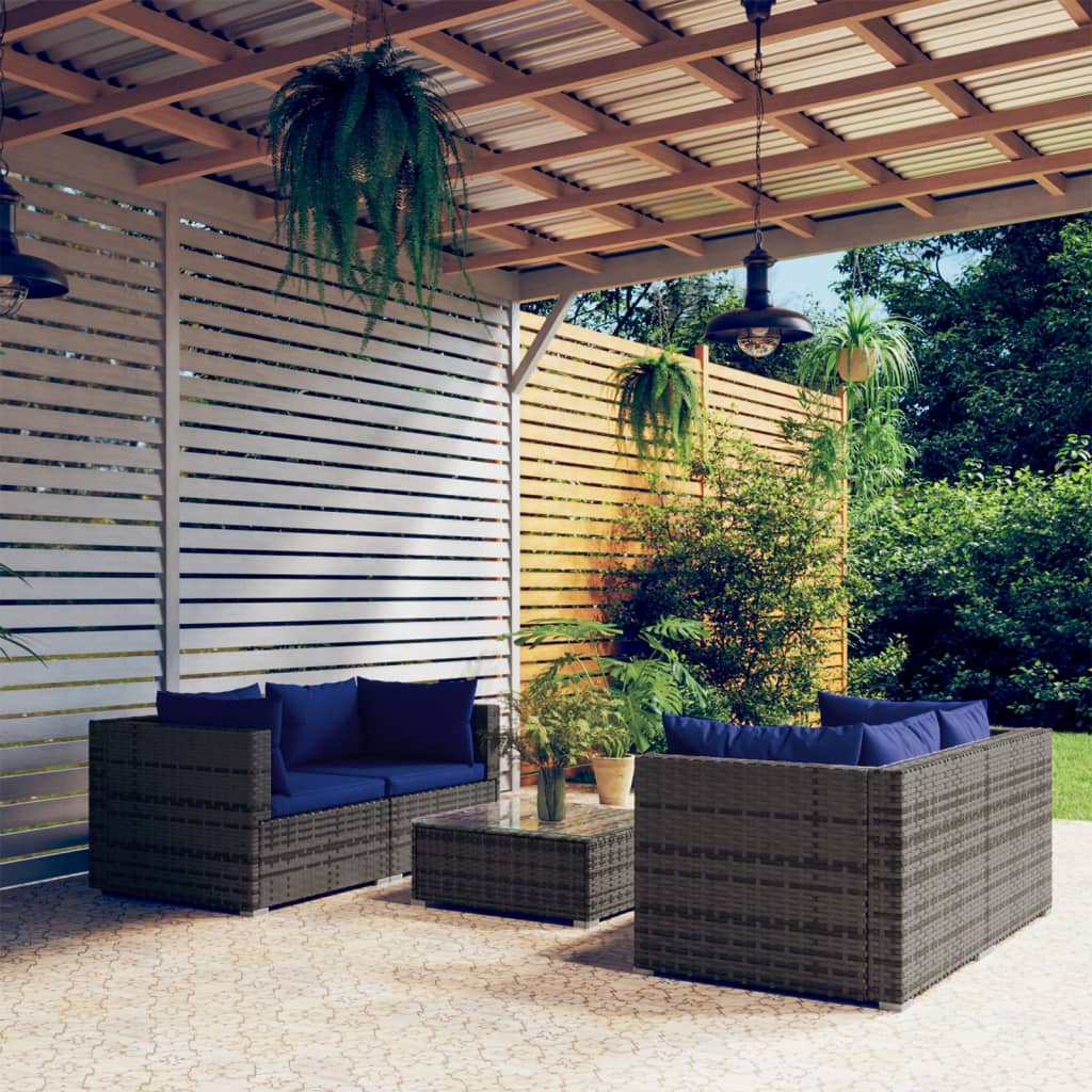 vidaXL Set Divani da Giardino 5 pz con Cuscini in Polyrattan Grigio