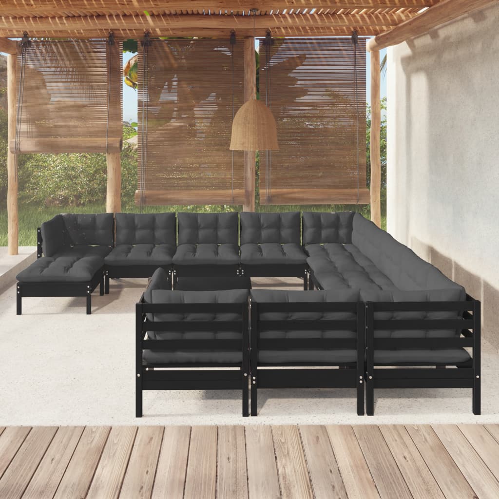 vidaXL Set Divani da Giardino 13 pz con Cuscini Neri in Legno di Pino