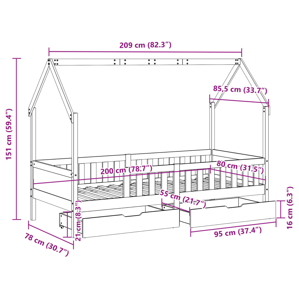 vidaXL Giroletto Bambini con Cassetti 80x200 cm Legno Massello di Pino