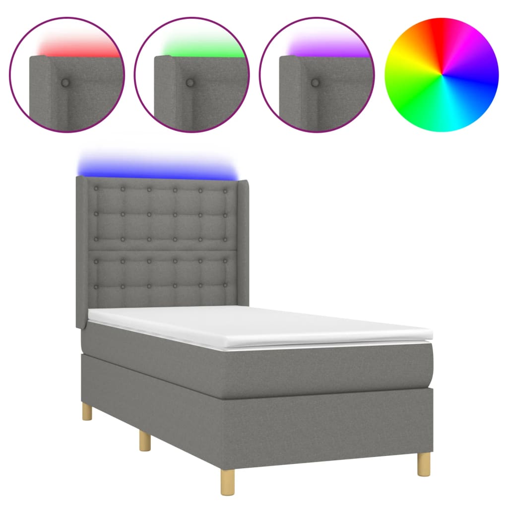 vidaXL Letto a Molle Materasso e LED Grigio Scuro 90x200 cm in Tessuto