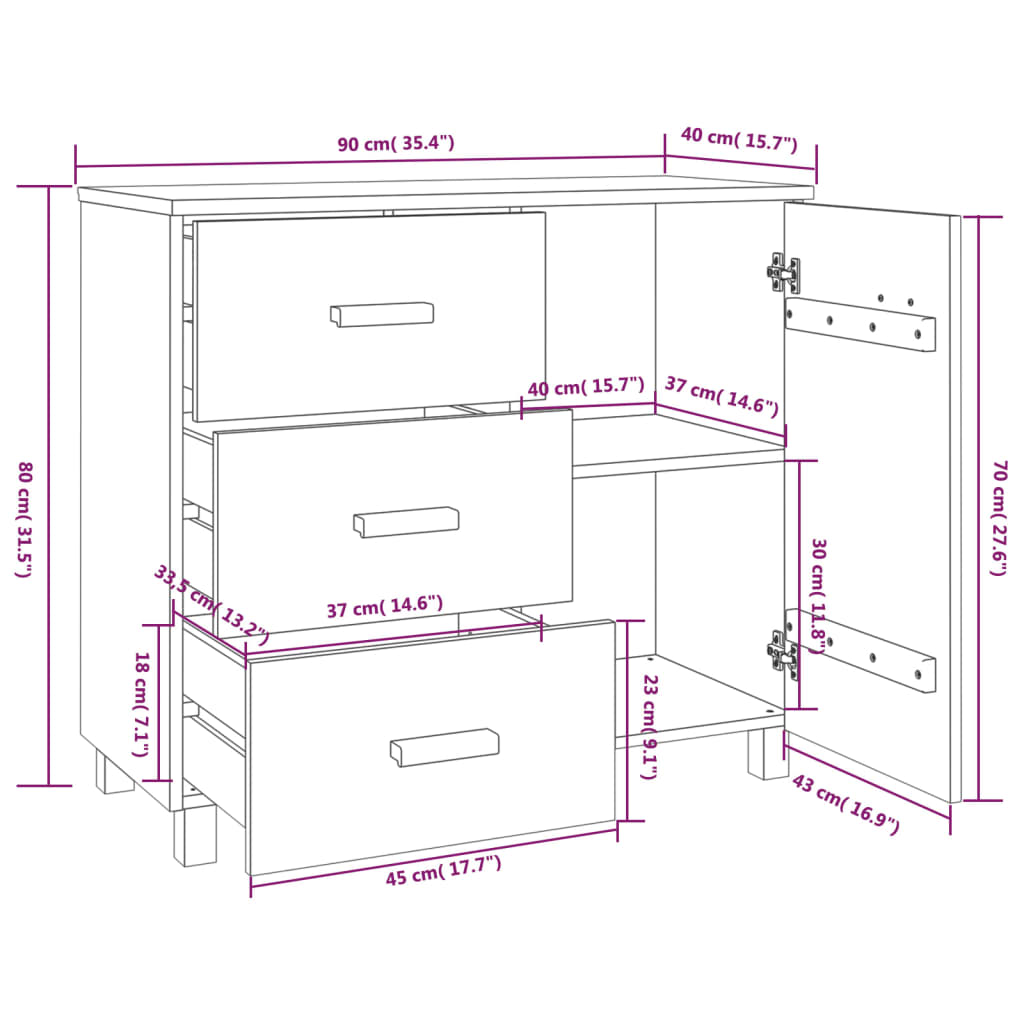 vidaXL Credenza HAMAR ambra 90x40x80 cm in Legno Massello di Pino