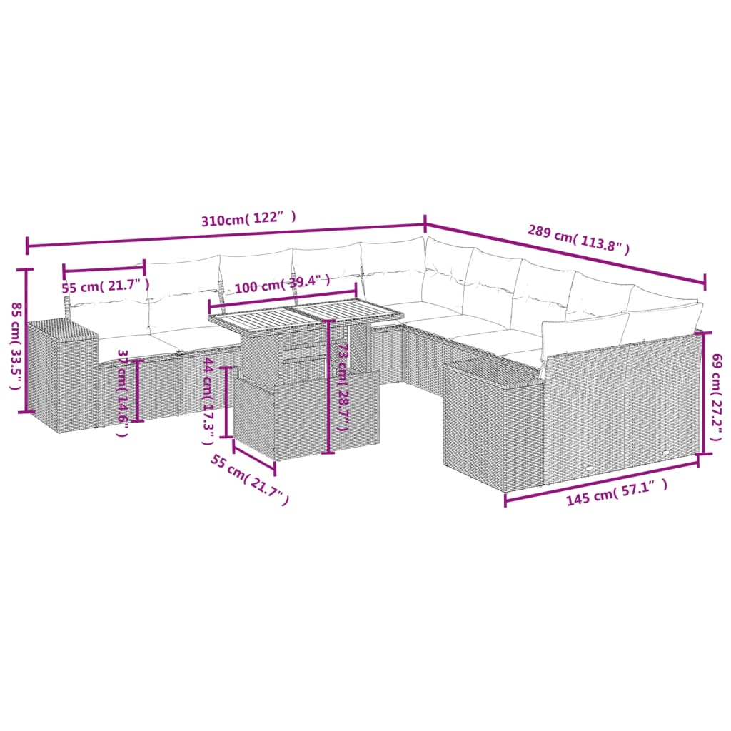 vidaXL Set Divani da Giardino 11 pz con Cuscini in Polyrattan Grigio