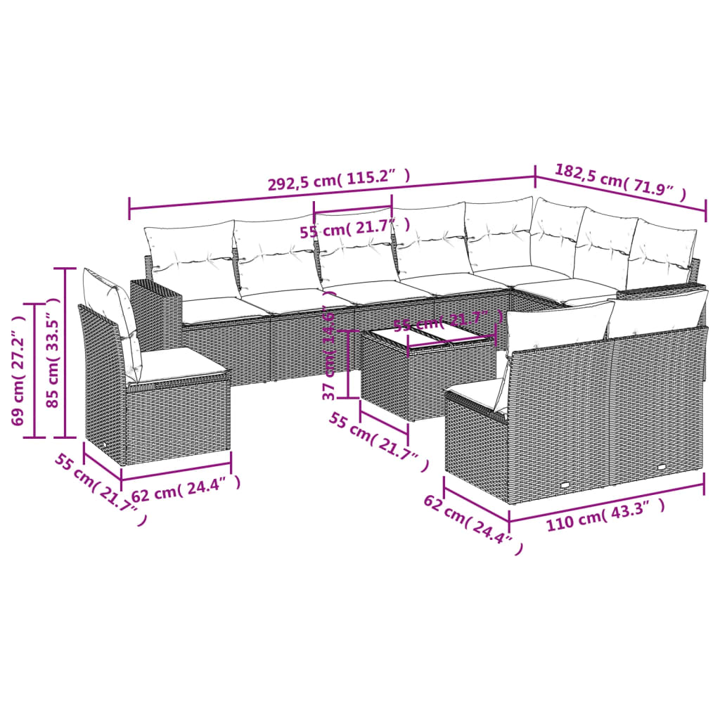 vidaXL Set Divani da Giardino 11 pz con Cuscini in Polyrattan Grigio