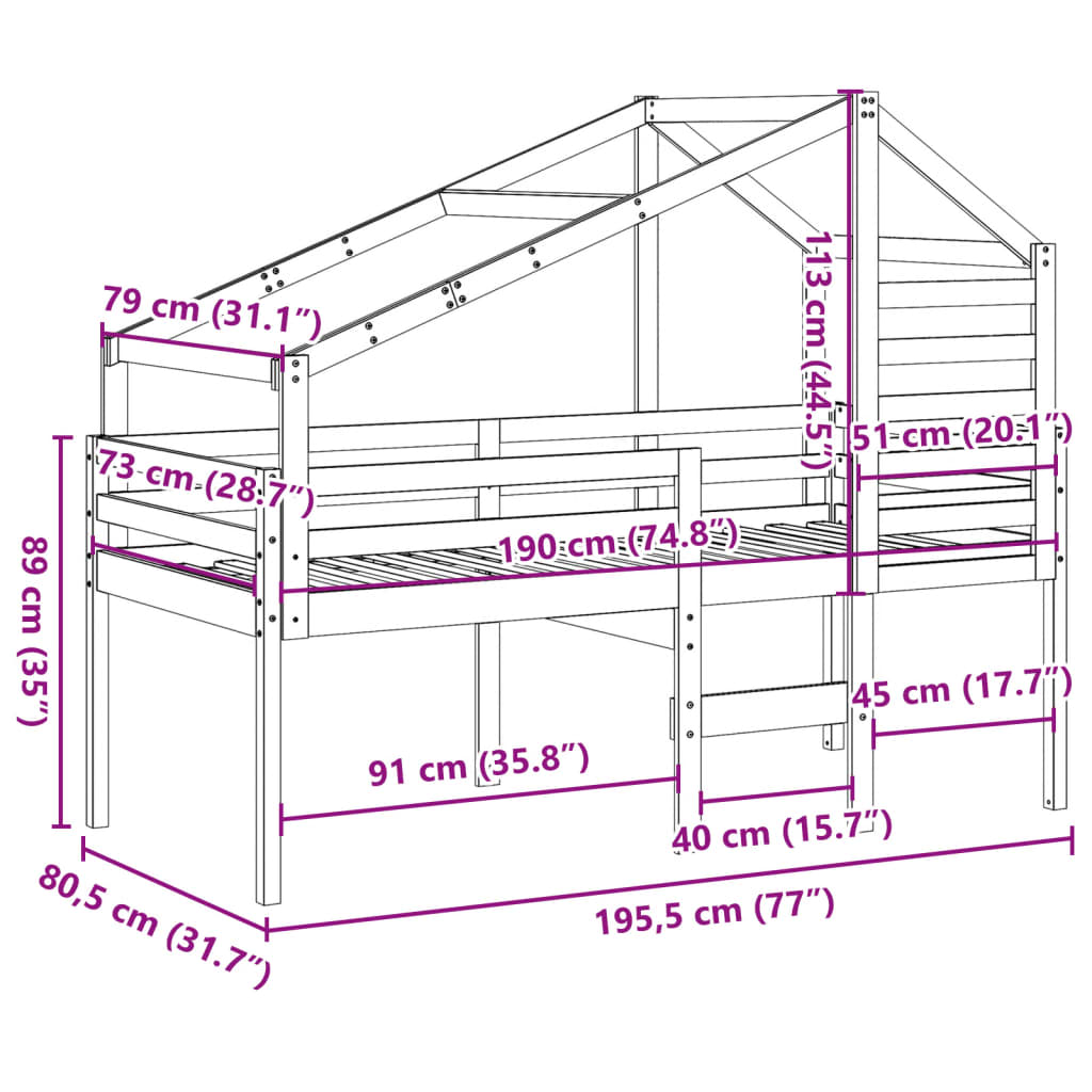 vidaXL Letto a Soppalco con Tetto Cera 75x190cm Legno Massello di Pino