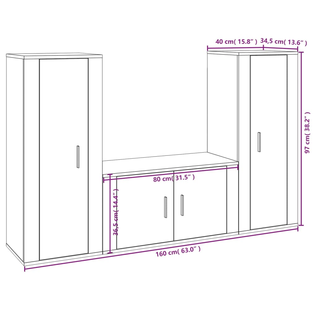 vidaXL Set Mobili Porta TV 3 pz Rovere Fumo in Legno Multistrato