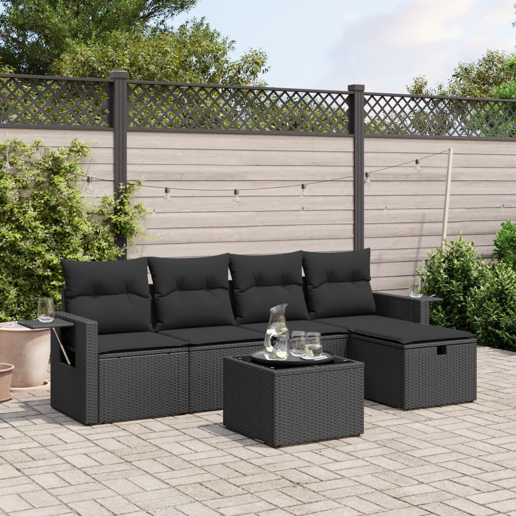 vidaXL Set Divano da Giardino 6 pz con Cuscini Nero in Polyrattan