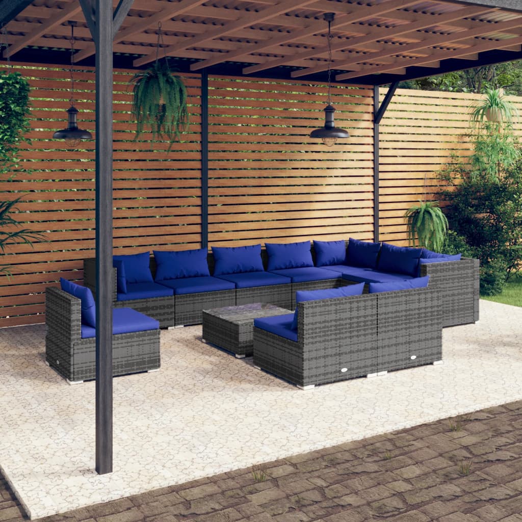 vidaXL Set Divani da Giardino 11 pz con Cuscini in Polyrattan Grigio