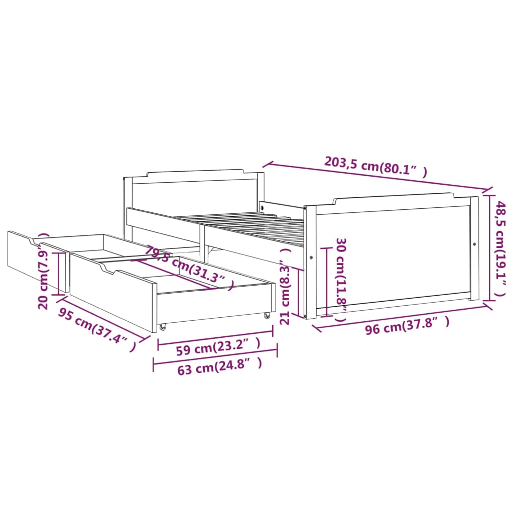 vidaXL Giroletto Cassetti Grigio Scuro Legno Massello di Pino 90x200cm