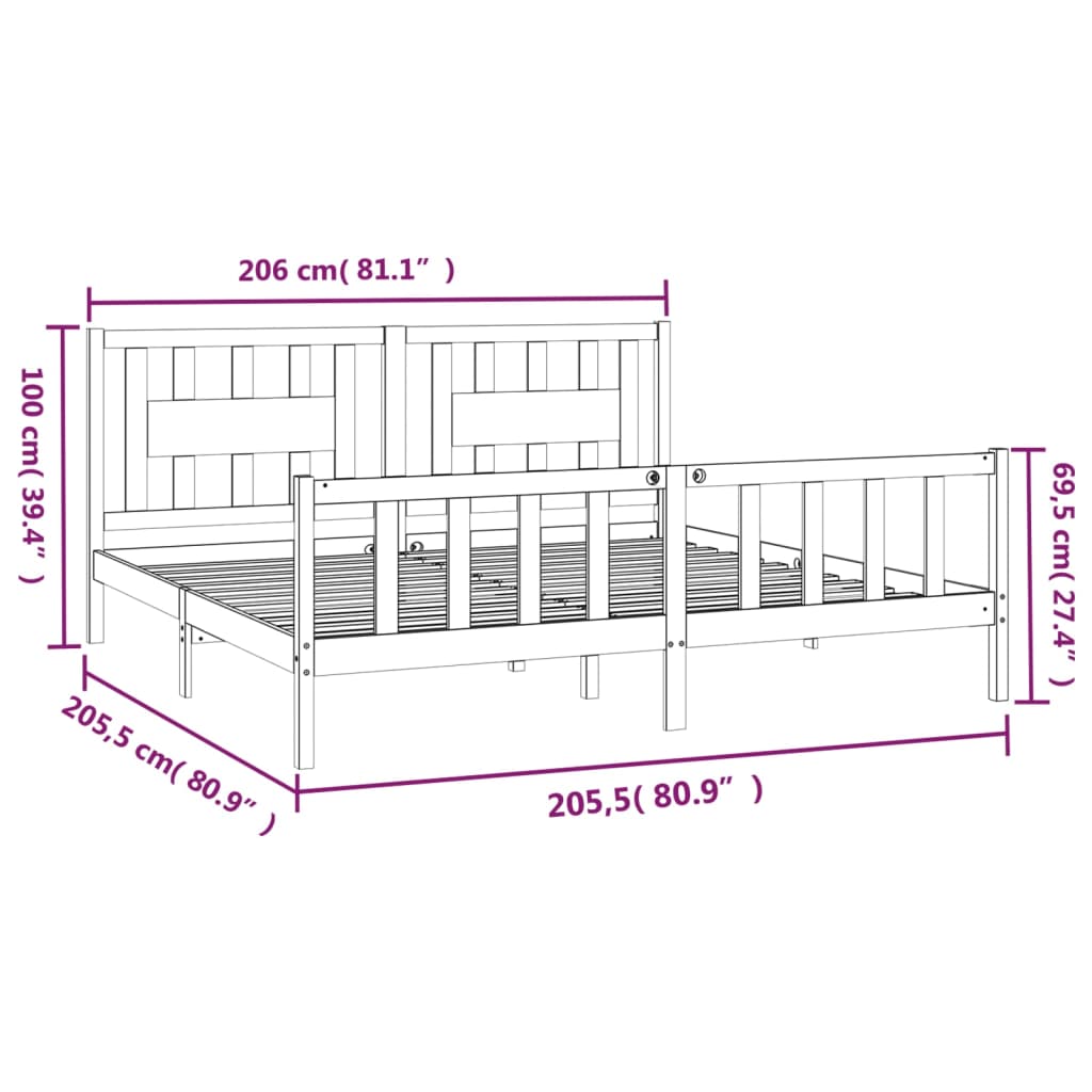 vidaXL Giroletto con Testiera Grigio Legno Massello di Pino 200x200 cm