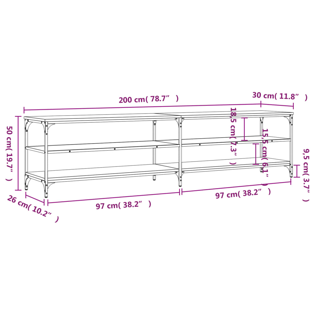 vidaXL Mobile Porta TV Nero 200x30x50cm in Legno Multistrato e Metallo