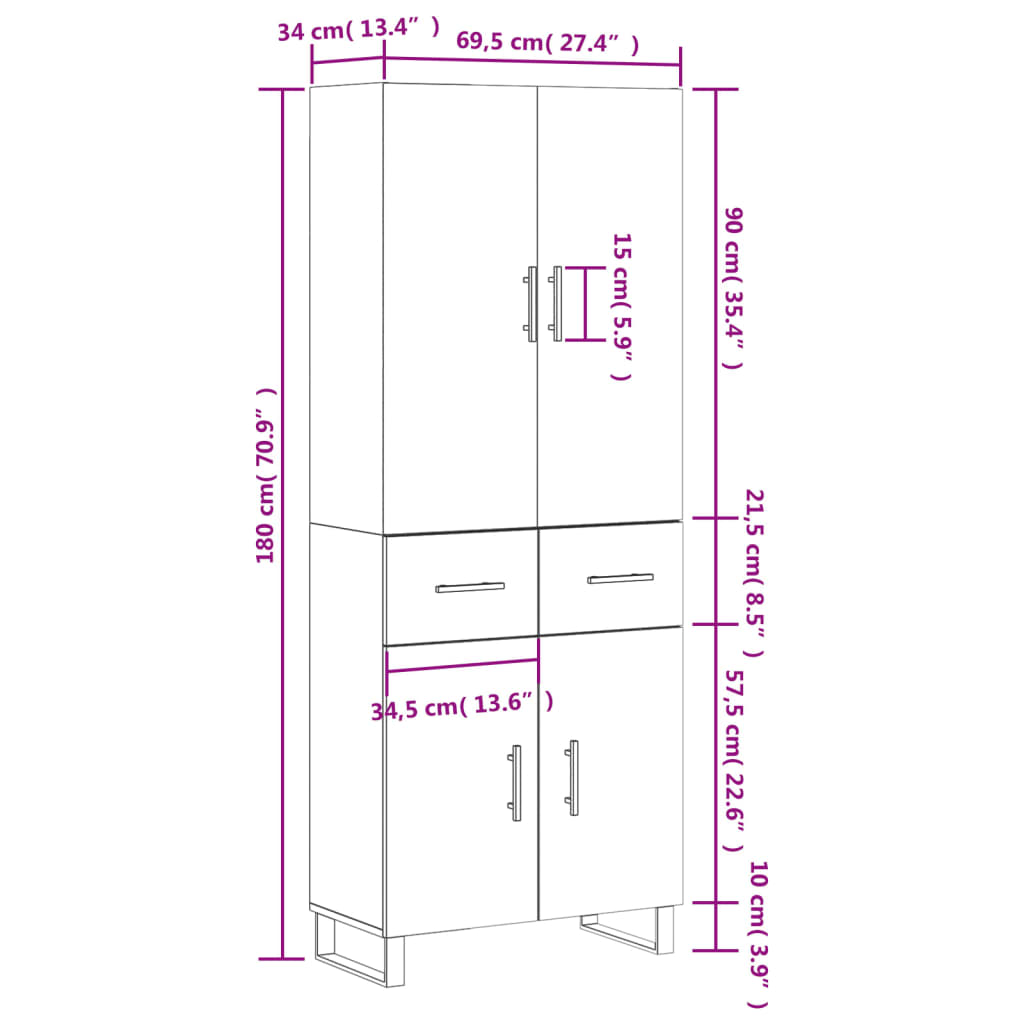 vidaXL Credenza Rovere Marrone 69,5x34x180 cm in Legno Multistrato