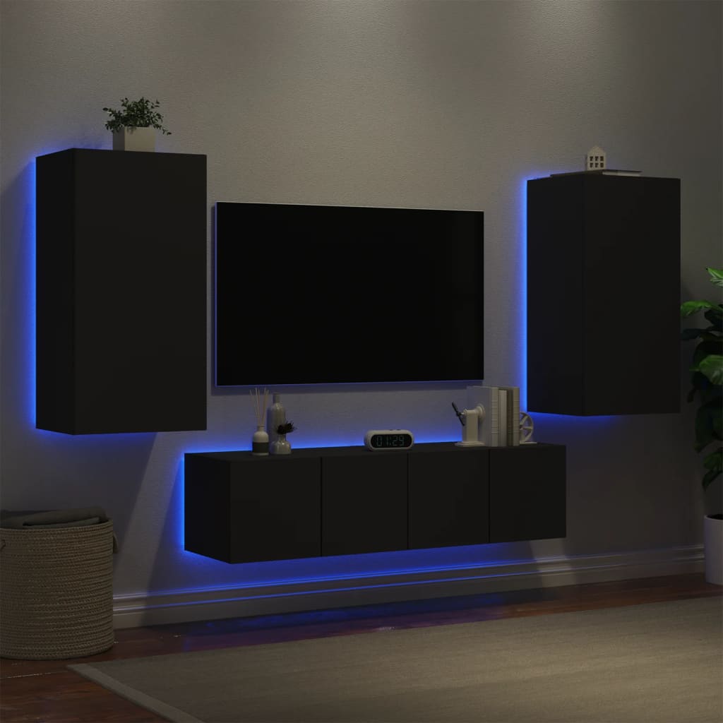 vidaXL Mobili TV a Muro con LED 4pz Neri in Legno Multistrato