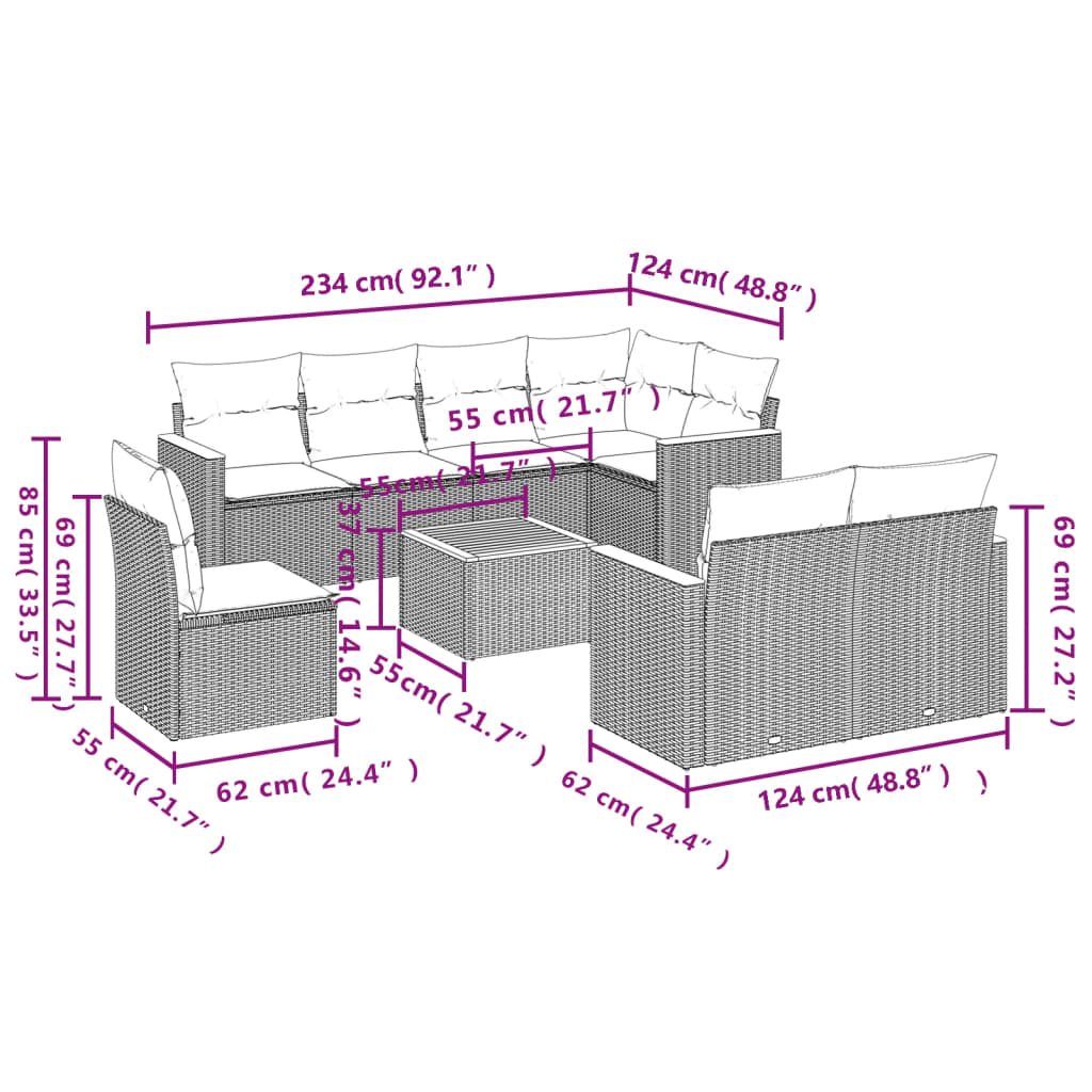 vidaXL Set Divano da Giardino 9 pz con Cuscini Beige in Polyrattan