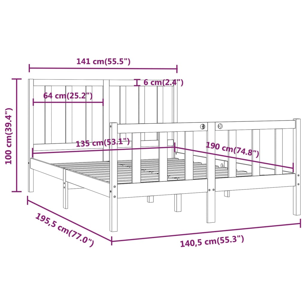 vidaXL Giroletto Nero in Legno Massello 135x190 cm Double