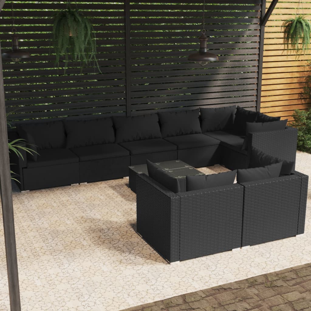 vidaXL Set Salotto da Giardino con Cuscini 9pz Nero in Polyrattan