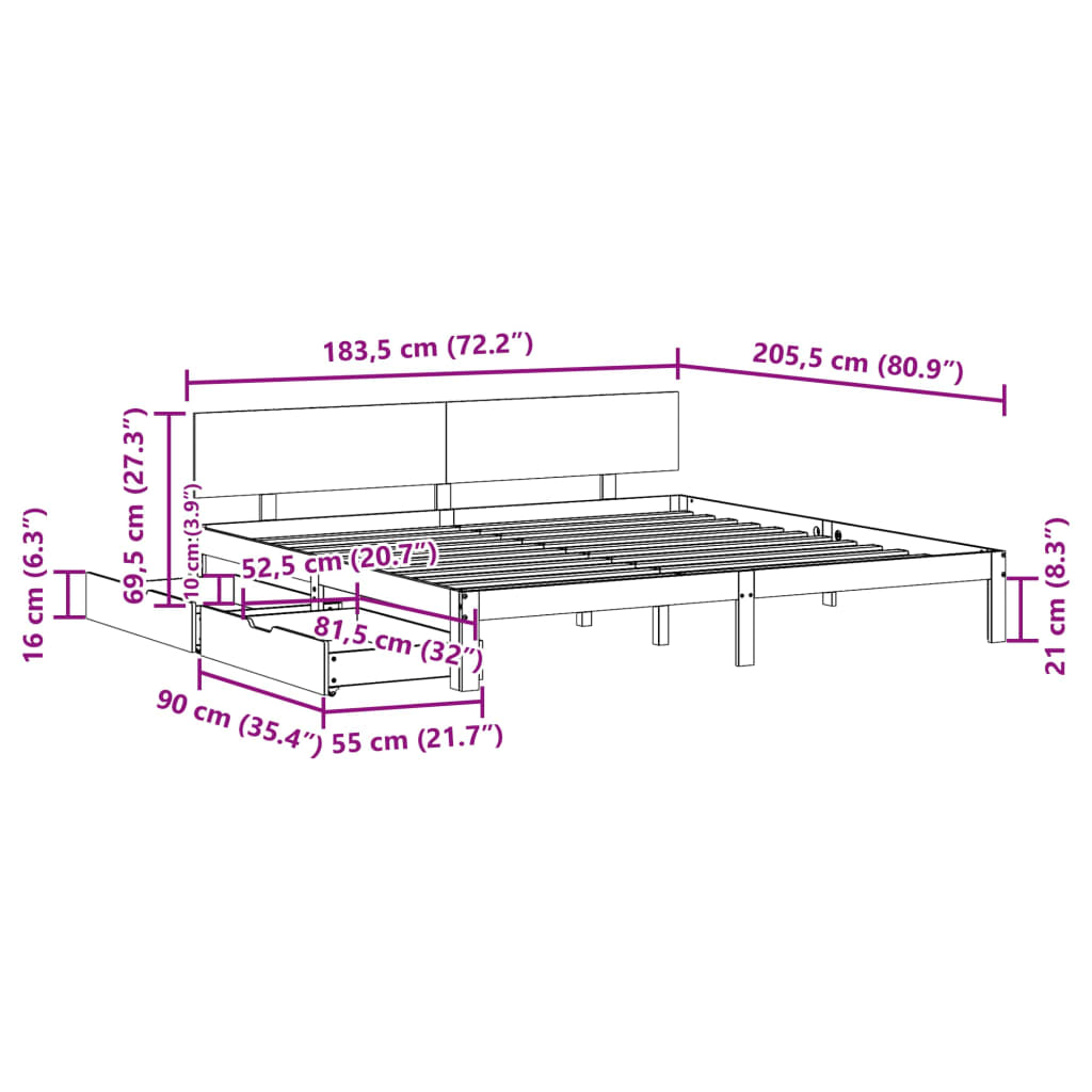 vidaXL Giroletto con Cassetti Bianco 180x200 cm Legno Massello di Pino