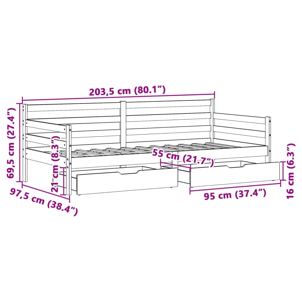 vidaXL Dormeuse con Cassetti 90x200 cm Legno Massello Pino