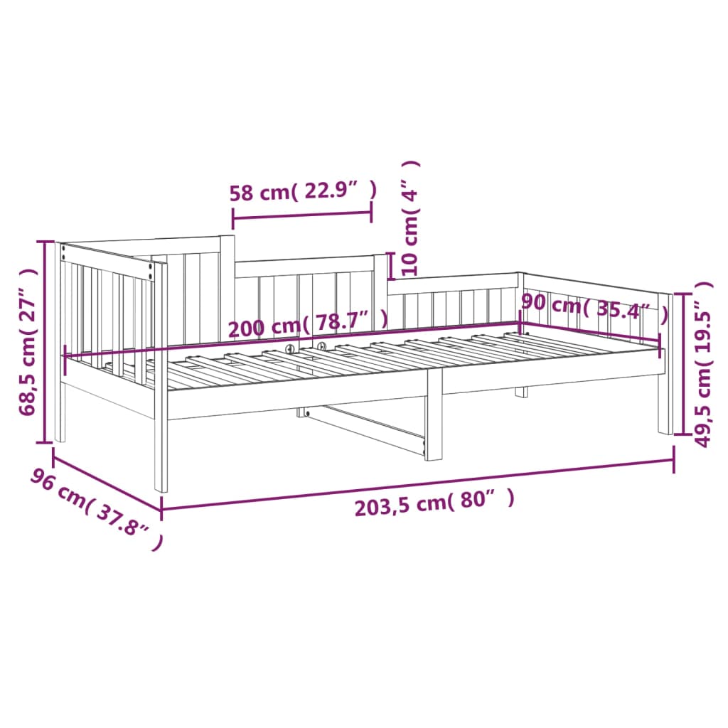 vidaXL Dormeuse Nera 90x200 cm in Legno Massello di Pino