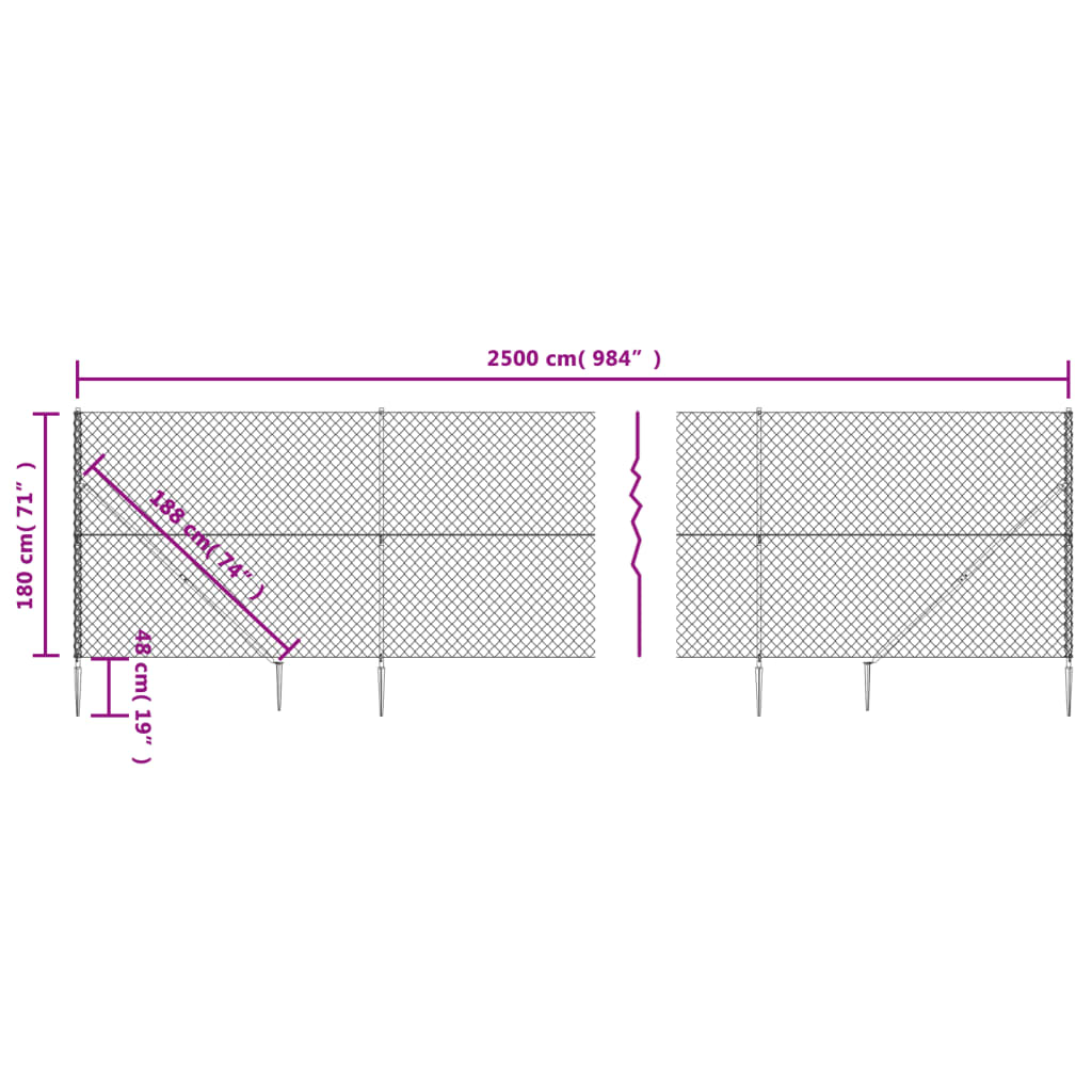 vidaXL Recinzione a Rete con Picchetti Ancoraggio Argento 1,8x25 m