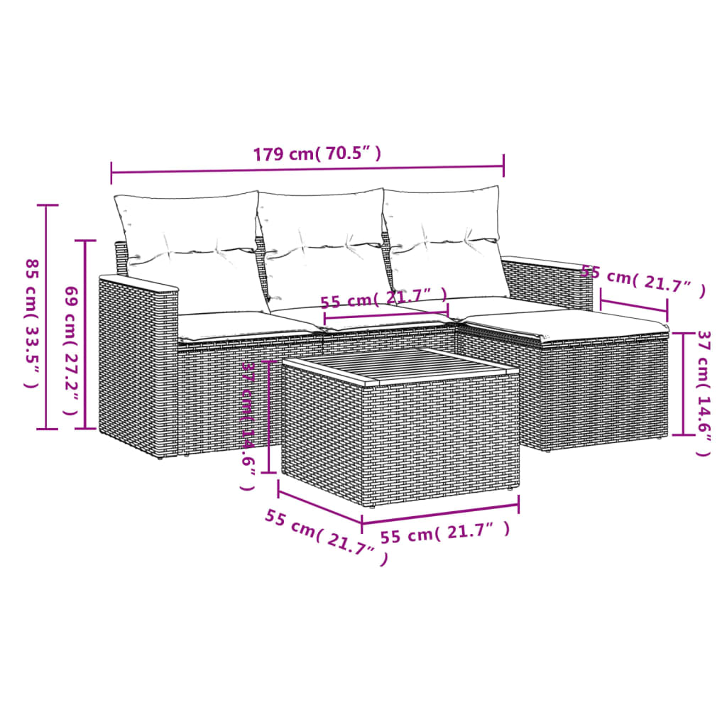 vidaXL Set Divano da Giardino 5 pz con Cuscini Grigio in Polyrattan